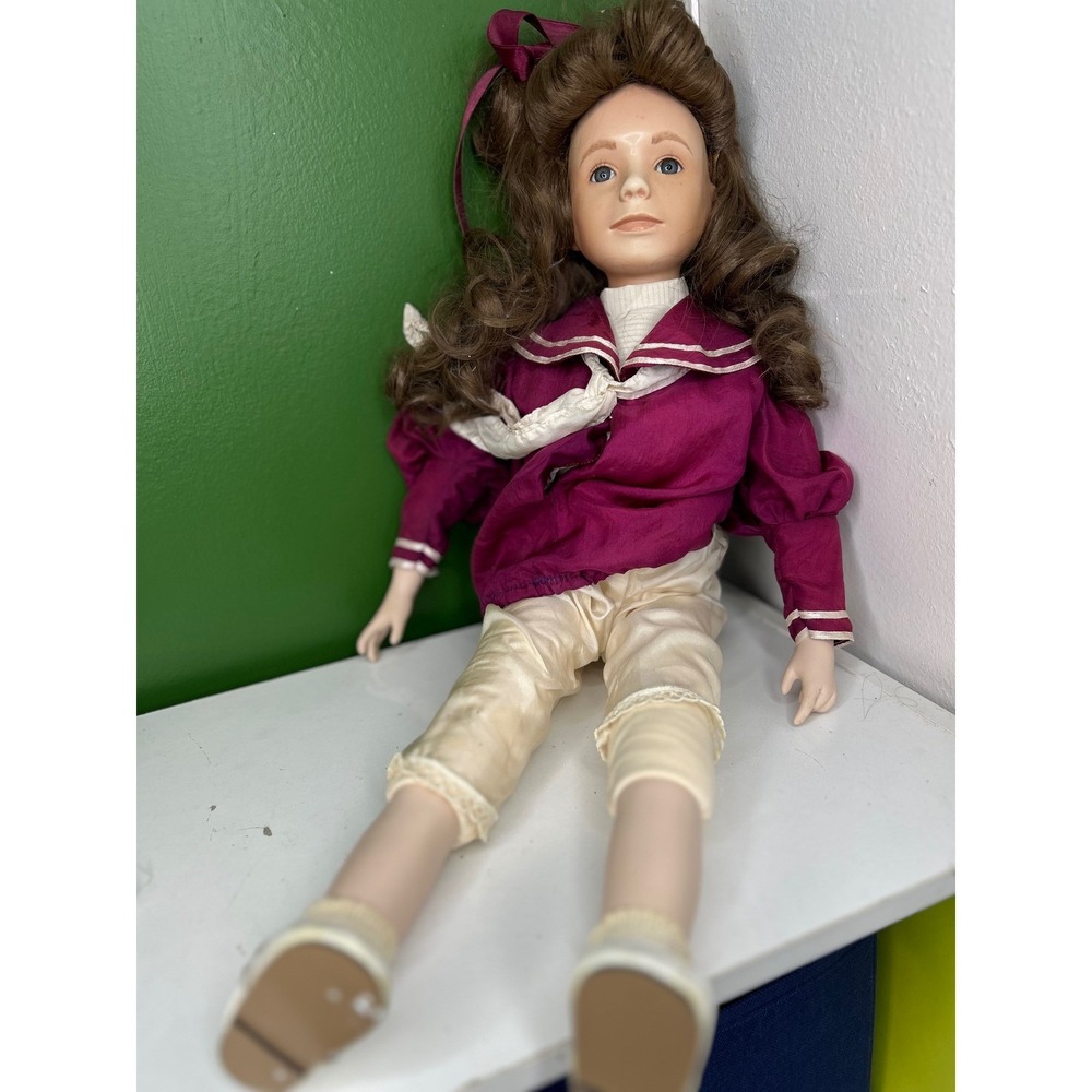 Vintage Porcelain Doll Burgundy Sailor Outfit Brunette Curls Blue Eyes 16 Inch